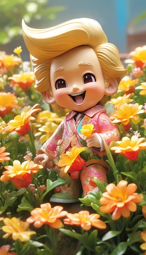 (masterpiece),(Highest quality),(Very detailed), (whole body:1.2), 1 Trump ,Little,cute, smile, Open your mouth, flower, Outdoor...