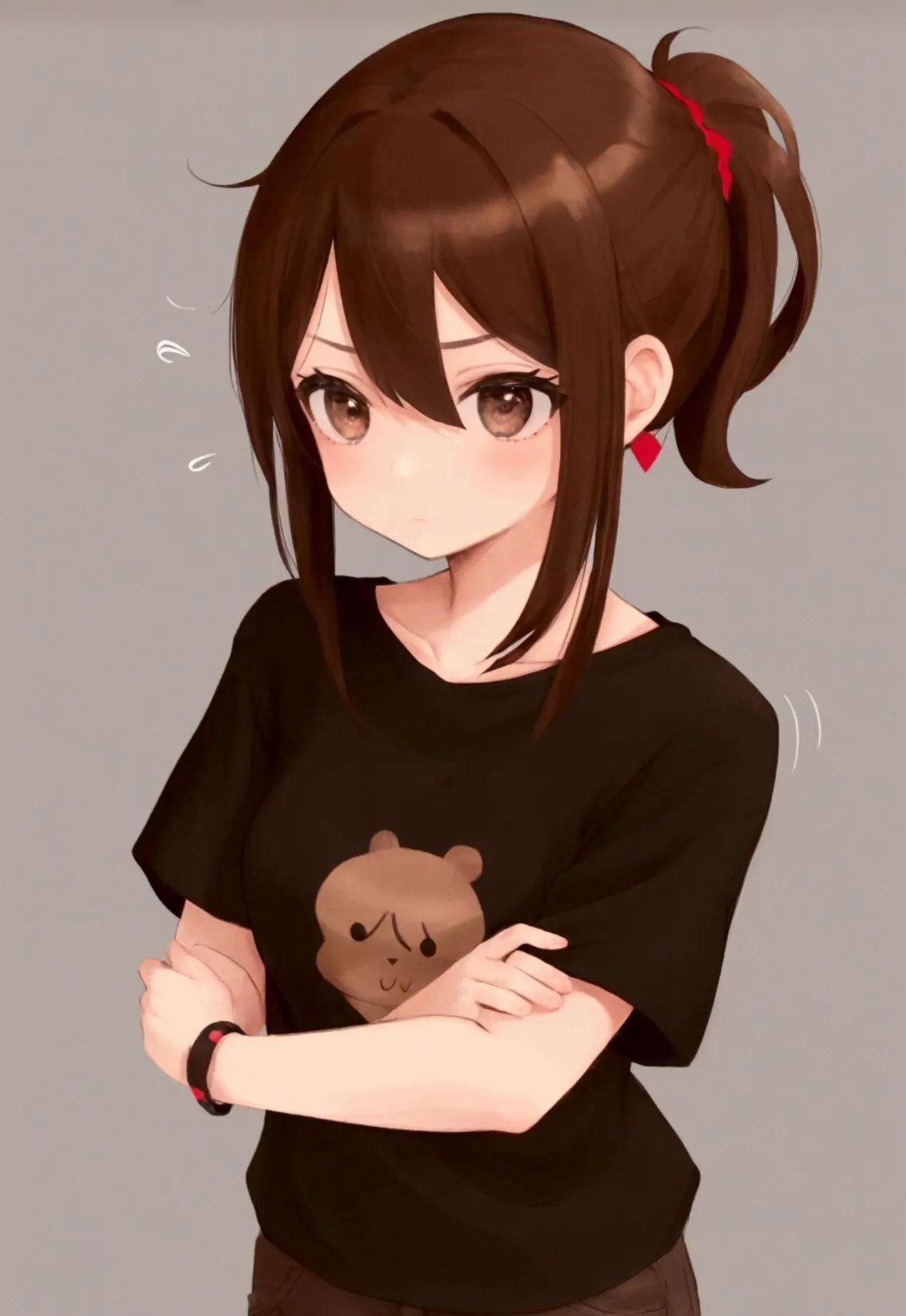1girl, brown hair, pulled back into a ponytail, Brown eyes, blank look, fair skin, black T-shirt and black shorts