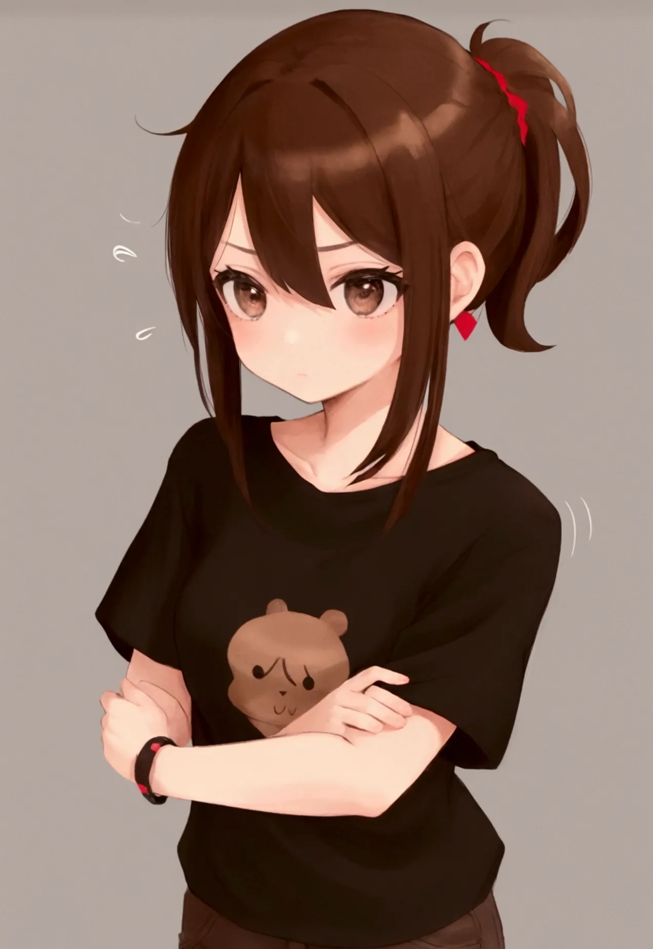 1girl, brown hair, pulled back into a ponytail, brown eyes, blank look, fair skin, black t-shirt and black shorts