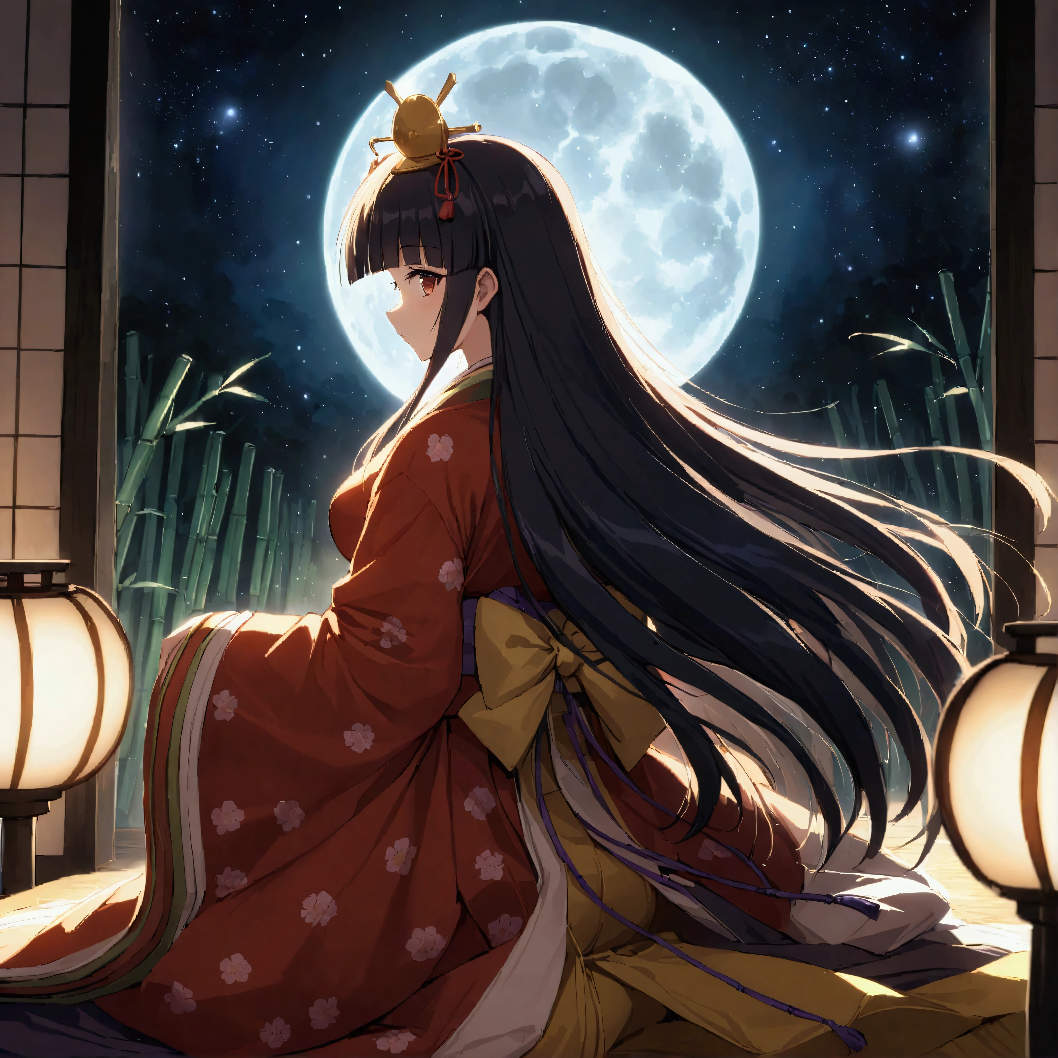 The World of Kaguyahime, hinamatsuri ohinasama, (heian red:1.1) japanese clothes, wide sleeves, red (karaginumo:1.1), layered kimono, 1girl solo, black hair (hime cut:1.2) very long hair spread out, from behind, From (beautiful bamboo grove:1.1) she sees (full moon:1.1), wide shot, cinematic lighting, beautifully lit, starry sky, light particles, 