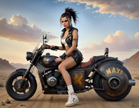 Mad Max post-apocalyptic punk Motorcycle, Adriana Chechik in sneakers, master of painting in the style of Gerald Brom, oil on ca...