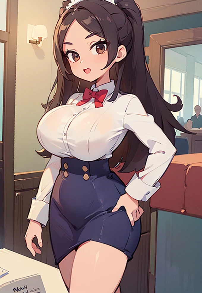 ((masterpiece)) , ((no deformities)), My friend's  milf mom in her waitress uniform, bigger breasts 