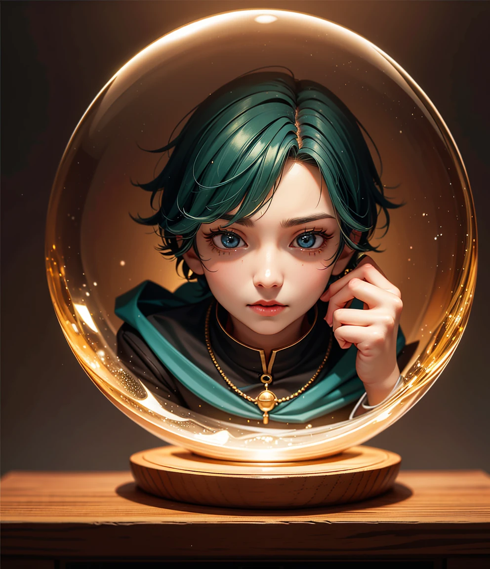 (Boy trapped in a crystal ball),alone, fantasy art style,Guweiz style work, dark green hair，best quality best at best, round glass cover, very round crystal ball, best quality best,masterpiece,ultra high resolution,(masterpiece),best quality best, 1 Boy在水晶球里面, expressive eyes, It&#39;s a perfect face, Telegraph slang, sat down,(Yuki, building, christmas, christmas 트리),1 Boy,,English text,Yukiing，