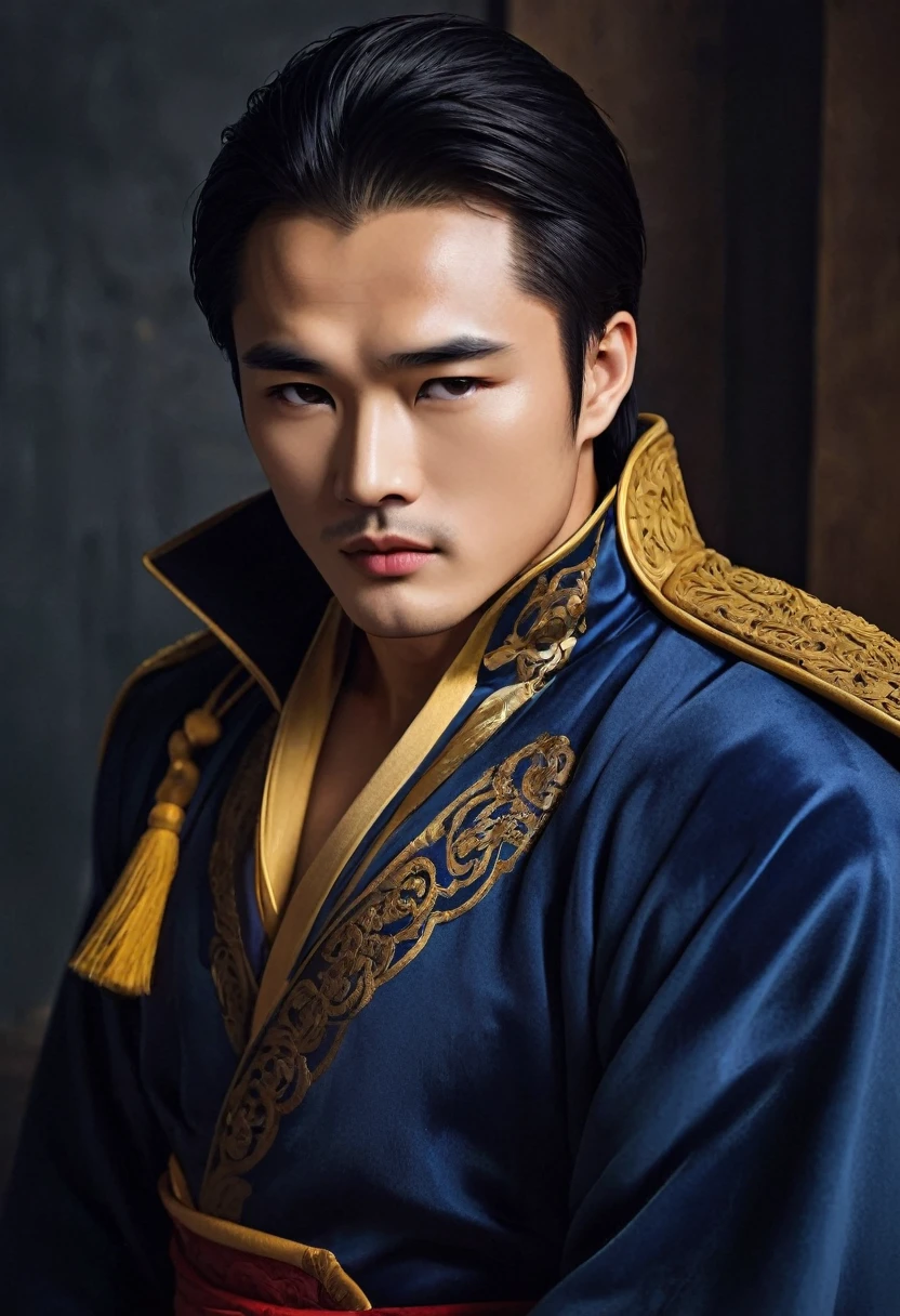 (Male character design), Half body photograph, staring at the camera,
(Handsome Chinese man, King Lan Ling, Tall and curved), (tangle, My hair is very long.), (He wore a navy blue fur coat.), Have fair and delicate skin, Looks like a virgin, Lips as red as vermilion, high nose bridge, deep eyes, But there was an extraordinary heroic aura between his brows.. His body was slender., With beautiful muscle lines, like a perfect sculpture. His fingers were long and powerful. (A gorgeous blue and gold mask was worn on half of his face.), And his personality is bold and beautiful., like a woman, Brave and decisive. He had a deep gentleness and warmth within him., Loyalty (Inspired by actor Marlon Brando.), Surrealism, high definition, High quality, high definition analysis, 16ก,