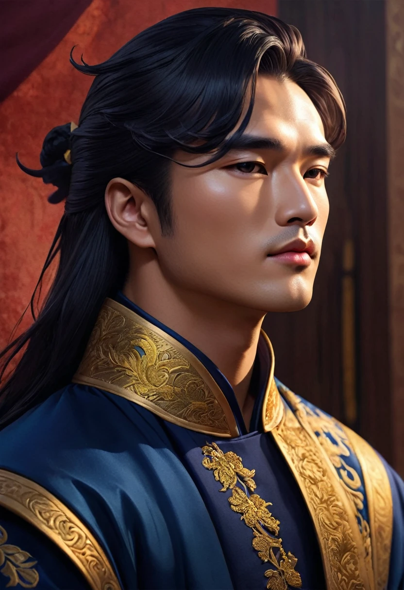 (Male character design), Half body photograph, staring at the camera,
(Handsome Chinese man, King Lan Ling, Tall and curved), (tangle, My hair is very long.), (He wore a navy blue fur coat.), Have fair and delicate skin, Looks like a virgin, Lips as red as vermilion, high nose bridge, deep eyes, But there was an extraordinary heroic aura between his brows.. His body was slender., With beautiful muscle lines, like a perfect sculpture. His fingers were long and powerful. (A gorgeous blue and gold mask was worn on half of his face.), And his personality is bold and beautiful., like a woman, Brave and decisive. He had a deep gentleness and warmth within him., Loyalty (Inspired by actor Marlon Brando.), Surrealism, high definition, High quality, high definition analysis, 16ก,