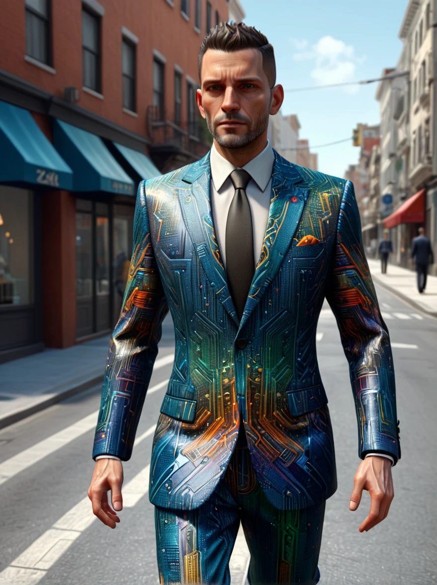 A man walking down the street in a crazy business suit(masterpiece:1.2), Highest quality, (Super detailed, Most detailed:1.2), High resolution textures