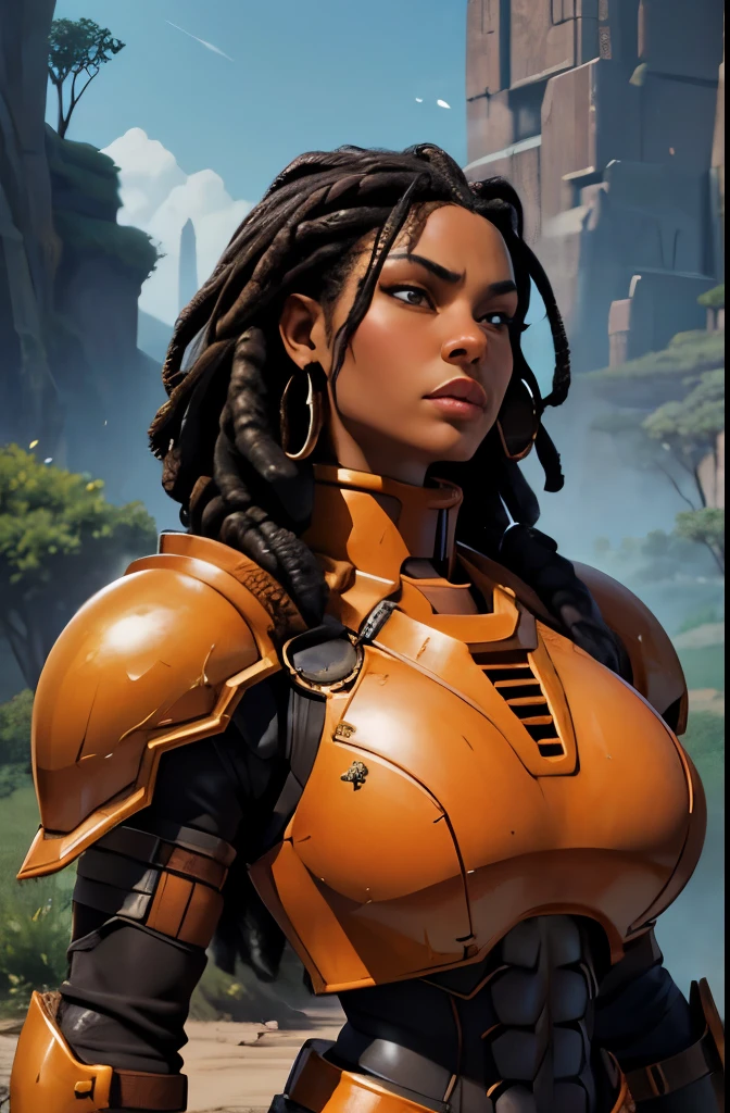 Portrait of  African woman with (short black dreadlocks), black hair pulled back, wearing a (heavy orange mechanical armor, power armor covering her chest and arms, orange breast plate) with large (round orange shoulder pads). a dark green undersuit visible between the armor pieces. (Barbarian fur).Badlands background with dead trees. super high quality, super high detail, masterpiece, 4k, 8k, HDR, masters of the universe 