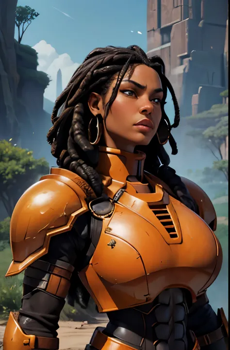 Portrait of  African woman with (short black dreadlocks), black hair pulled back, wearing a (heavy orange mechanical armor, powe...