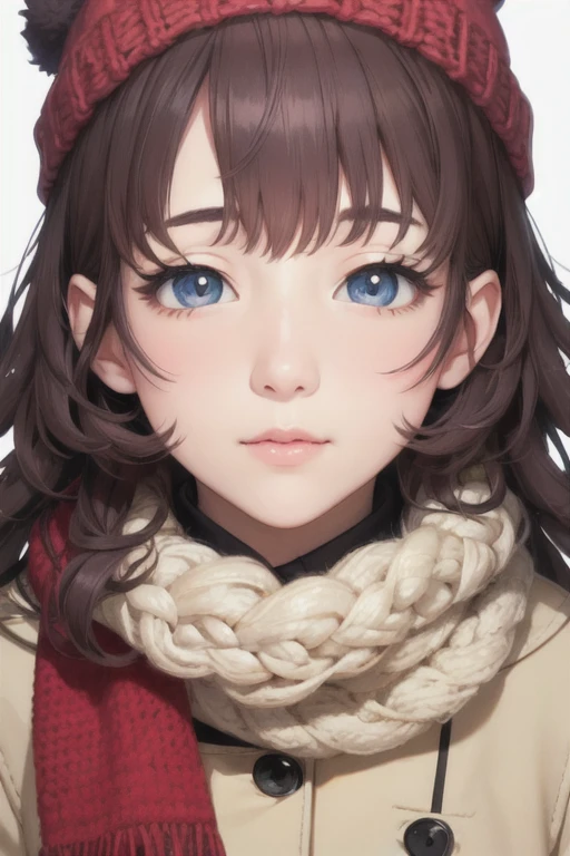 girl,Character design sheet,Beautiful attention to detail,Beautiful lip detail,Very detailed目と顔,Long eyelashes,Realistic,photoRealistic:1.37,Very detailed,Professional,Vibrant colors,Portraiture,Studio Lighting,Physically Based Rendering,High resolution,超High resolution. blue eyes,Big eyes， Close ~ eyes，Long Hair，Curly hair、Black Hair，Red cheeks，Lower eyes，Knitted hat，Scarf，coat