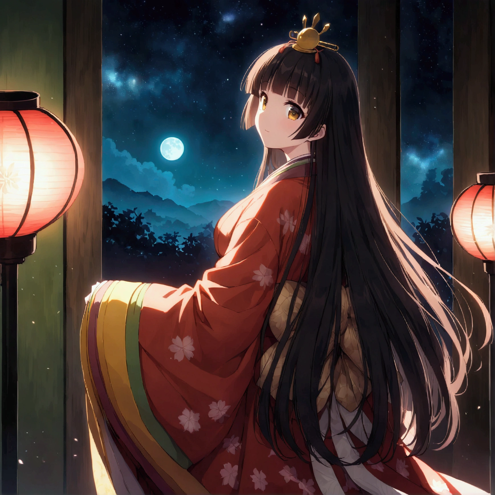 The World of Kaguyahime, hinamatsuri ohinasama, (heian red:1.1) japanese clothes, wide sleeves, red (karaginumo:1.1), layered kimono, 1girl solo, beautiful detailed hair, black hair (hime cut:1.2) very long hair spread out, (she sees full moon:1.3), (beautiful standing back view), wide shot, cinematic lighting, beautifully lit, starry sky, light particles, from behind, beautiful bamboos,