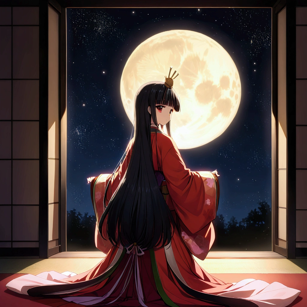 The World of Kaguyahime, hinamatsuri ohinasama, (heian red:1.1) japanese clothes, wide sleeves, red (karaginumo:1.1), layered kimono, 1girl solo, beautiful detailed hair, black hair (hime cut:1.2) very long hair spread out, (she sees full moon:1.3), (beautiful standing back view), wide shot, cinematic lighting, beautifully lit, starry sky, light particles, from behind, beautiful bamboos,