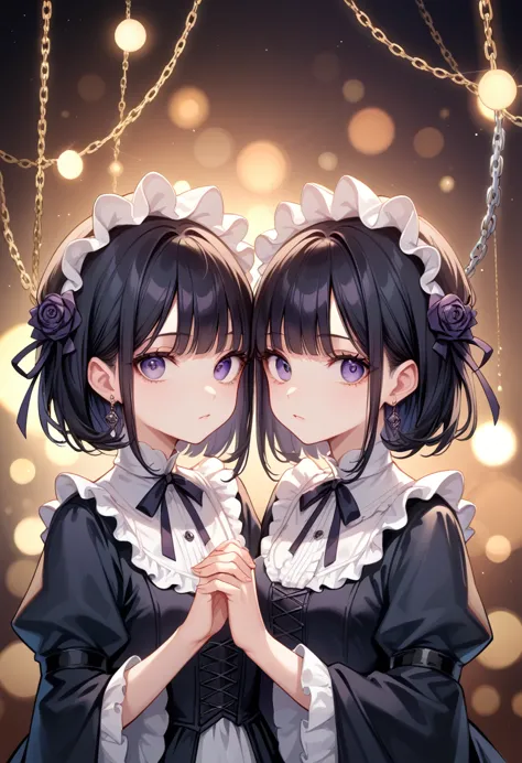 score_9, score_8_up, score_7_up, score_6_up, character concept art of two twins holding hands, lolita fashion, split white and b...