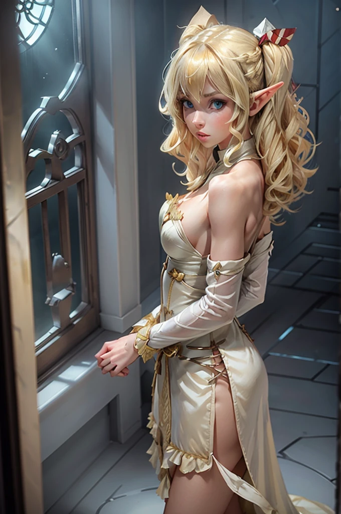 woman dressed as a female elf standing in a cream colored room with two big windows overhead, 1girl, solo, blonde hair, pointy ears, long hair, animal ears, looking at viewer, blue eyes, dress, bandages, bare shoulders, lips