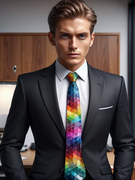 colorful mad triangle tie and white shirt in the office、man in black suit(masterpiece:1.2), highest quality, (ultra-detailed, mo...