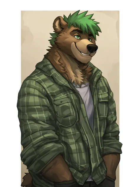 A muscular caramel brown colored fur anthropomorphic grizzly bear, himbo body, closed smile, green hair, green eyes, dressed wit...