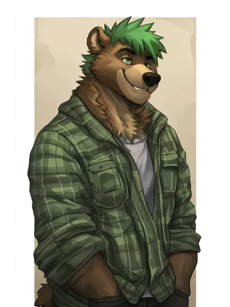 a muscular caramel brown colored fur anthropomorphic grizzly bear, himbo body, closed smile, green hair, green eyes, dressed wit...