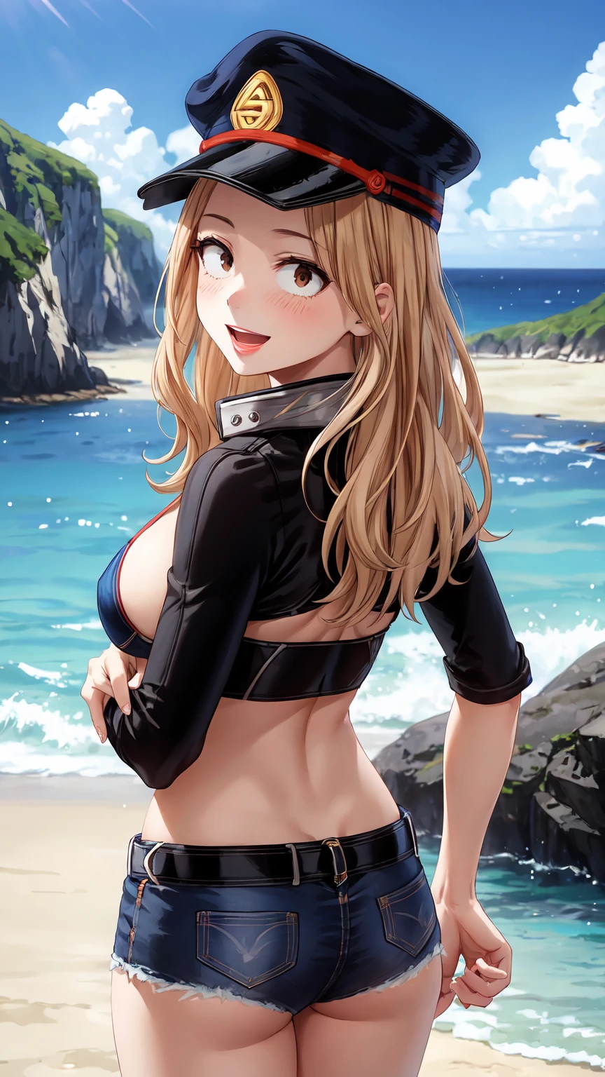 Masterpiece ,best quality , high resolution , (face view , look at view , head back , from back , from behind) , (1 girl solo:1.38) , (camie, long hair, brown hair, brown eyes, peaked cap , lipstick , eyeliner)) , (slim , tall , slender , thin) , (cleavage:1.05) , (big breast:1.06) , (wear bikini , denim_micro_short , fishnet stockinhs) , (outdoor , beach , ocean , sea , blue sky ) , (open mouth , smile , full face blush , shy ) , (standing , thighs ) , (cowboy_shot)