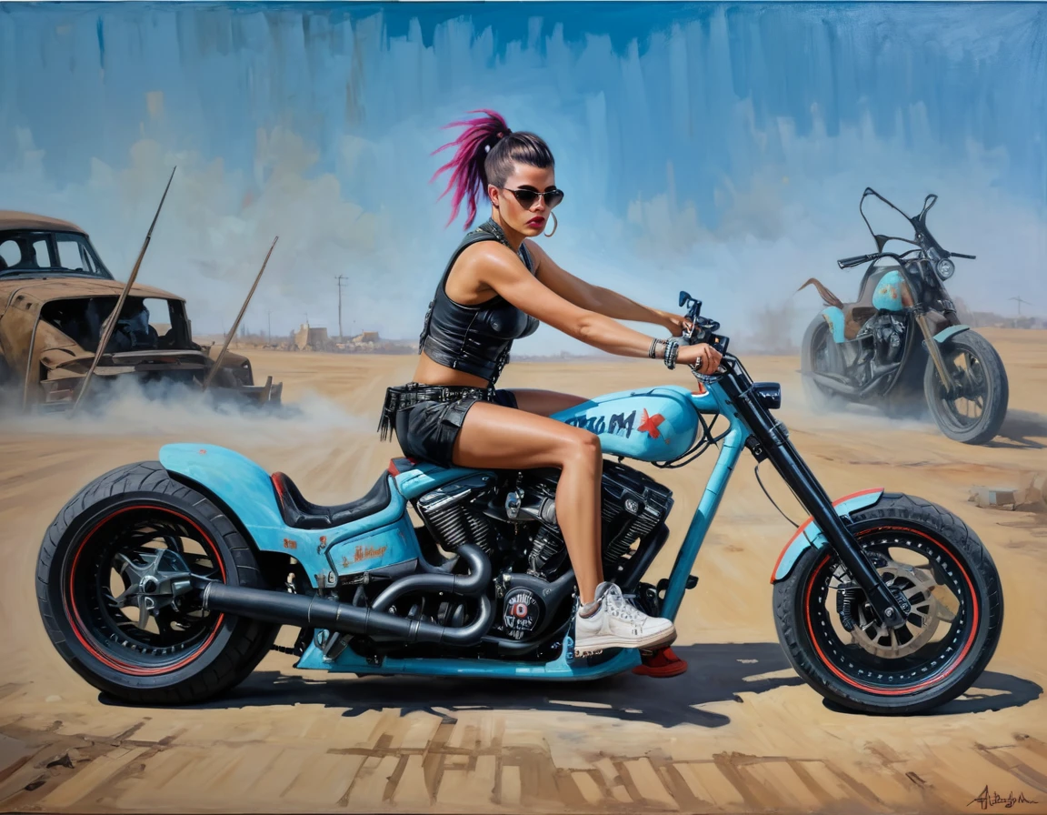 Mad Max post-apocalyptic punk Motorcycle, Adriana Chechik in sneakers, master of painting in the style of Gerald Brom, oil on canvas