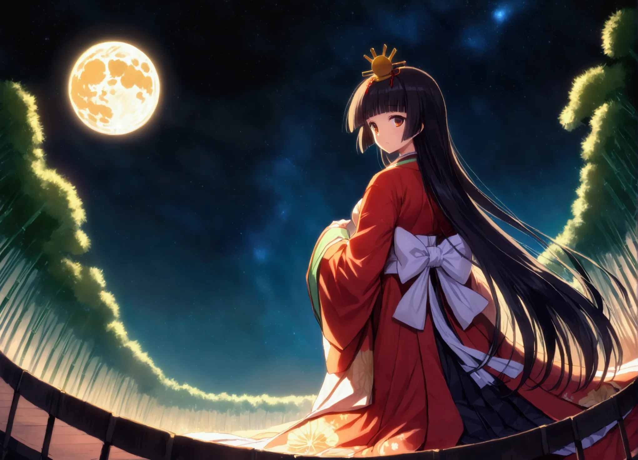 the world of kaguyahime, hinamatsuri ohinasama, the figure standing looking at the moon is full of melancholy,  (heian red:1.1) ...