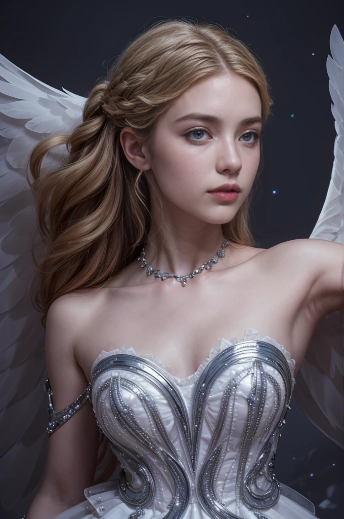 une belle jeune femme, Odette de Mobile Legends, danseuse de ballet élégante, longue robe blanche fluide, poses gracieuses, yeux bleus enchanteurs, traits délicats du visage, Cheveux argentés flottants, expression sereine, ailes cristallines brillantes, ambiance éthérée et magique, fond fantastique complexe, lumières chatoyantes, couleurs pastel douces, Éclairage cinématographique, très détaillé, Photoréaliste, 8k, chef-d&#39;œuvre