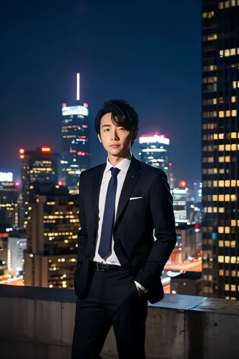 masterpiece,best_quality,1 japanese man,two block hair,business suit,outdoors,cityscape,night,dramatic angle