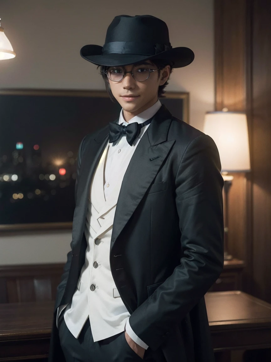 (Depth of written boundary, f/4.0, 135mm, Nikon, uhd, masterpiece, Super detailed,4K,Wide-area lighting)、One male、phantom thief&#39;s outfit、silk hat、Fearless smile