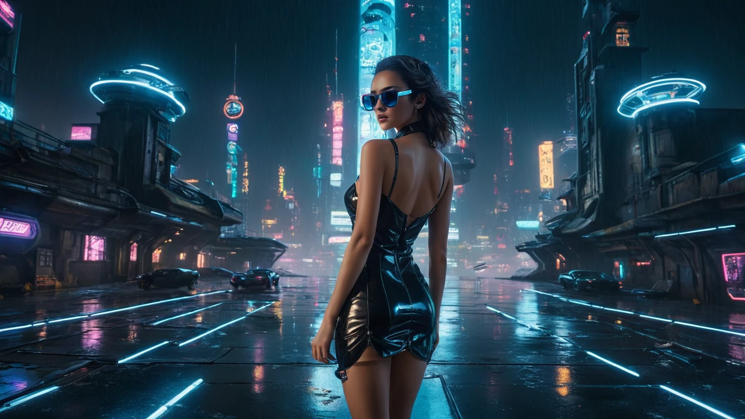 (aerial view, a flying cars docking platform, a very dark abandoned futuristic city, neon lights), rainy night. 1girl, solo, alone, large-breast:1.2 slim body, cleavage:1.1, sexy wind blowing wet dress:1.4, (headphone, black sunglasses), (((((she raised:1.8 a pistol:1.8 and took aim at viewer))))), dynamic pose, (((half-body thigh level medium shot))), cinematic lighting, lens flare, ray tracing.