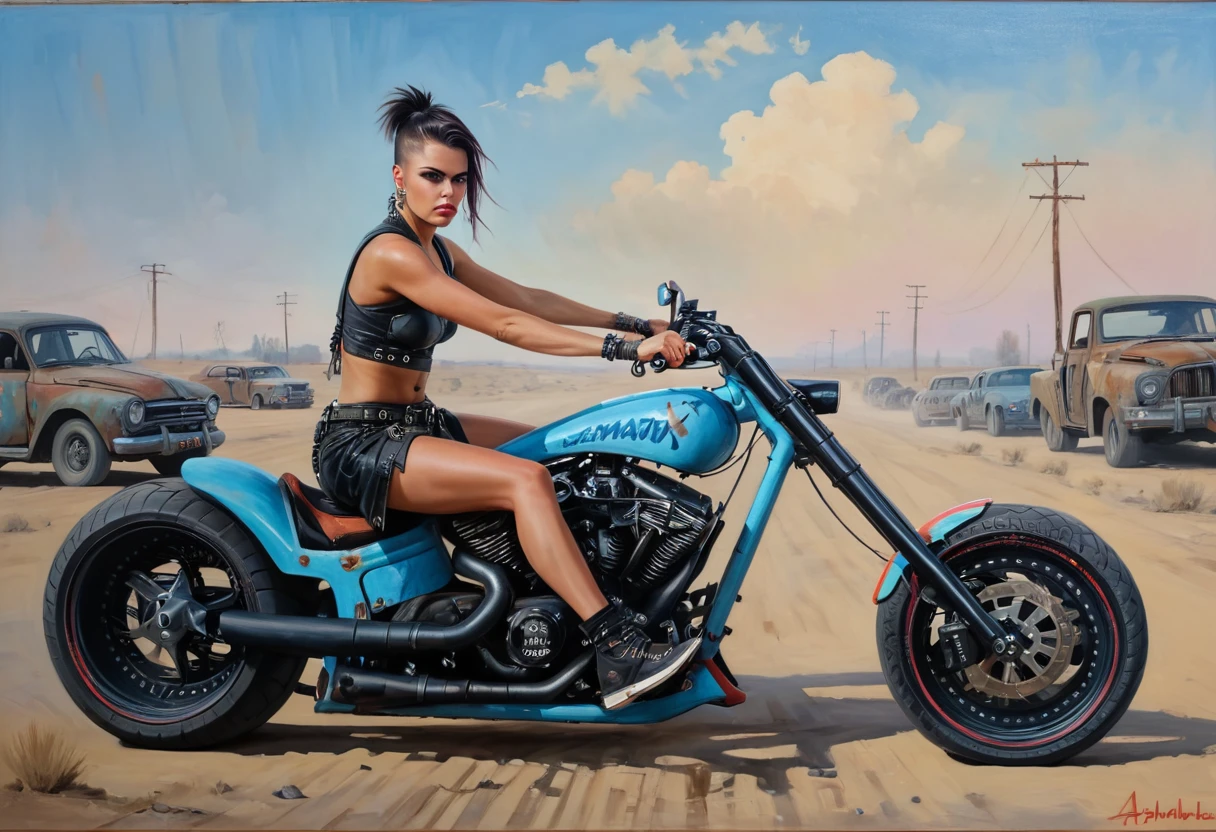 Mad Max post-apocalyptic punk Motorcycle, Adriana Chechik in sneakers, master of painting in the style of Gerald Brom, oil on canvas