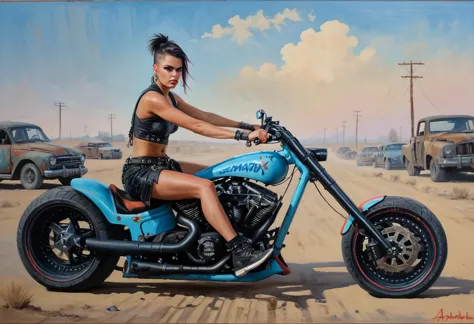 Mad Max post-apocalyptic punk Motorcycle, Adriana Chechik in sneakers, master of painting in the style of Gerald Brom, oil on ca...
