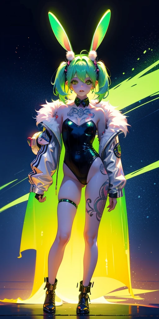 Rabbit technique , Science Fiction, Fluffy , 
1 girl, Tattoo, Glowing tattoo, Glowing eyes, Colorful glowing hair , Full body love, Green Hair,
  Kawaiitech, Soft colors, Kawaii, Lovely colors,