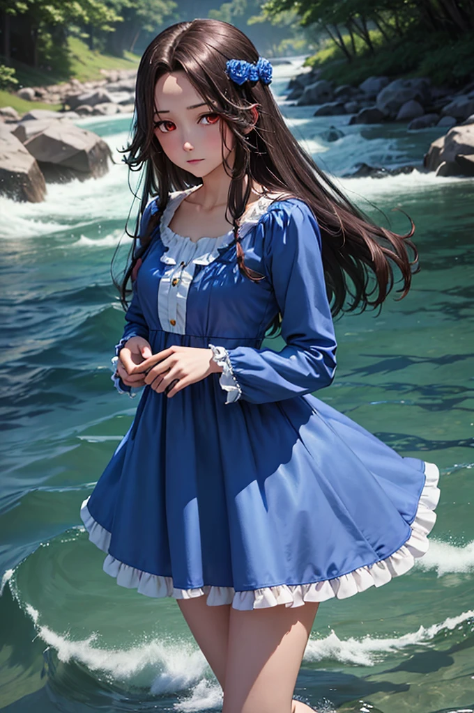 a character from an anime is dressed in a blue dress and is standing next to water, 1girl, solo, long hair, dress, red eyes, looking at viewer, blue dress, jewelry, long sleeves