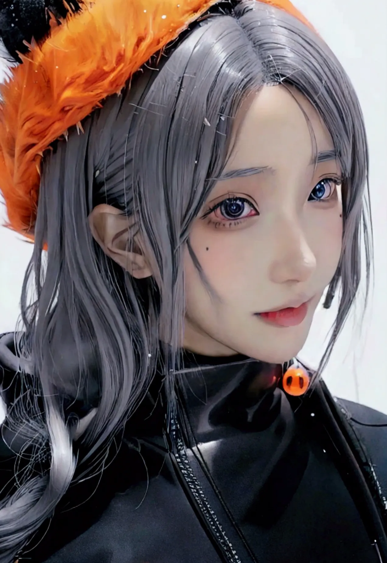 anime women with short grey hairs and black eyes wearing a orange coat, with dead look on her face an anime drawing by Kamagurka...