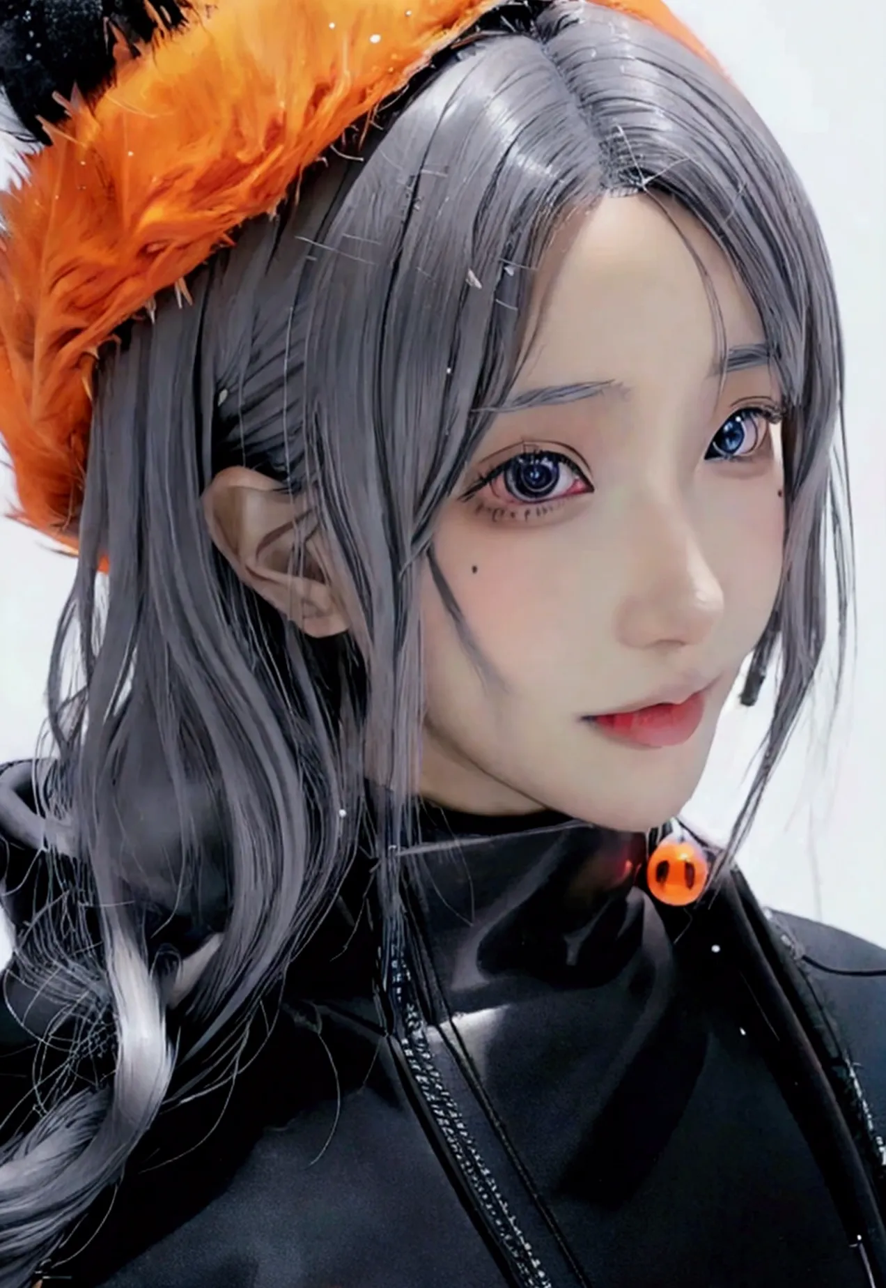 anime women with short grey hairs and black eyes wearing a orange coat, with dead look on her face an anime drawing by kamagurka...