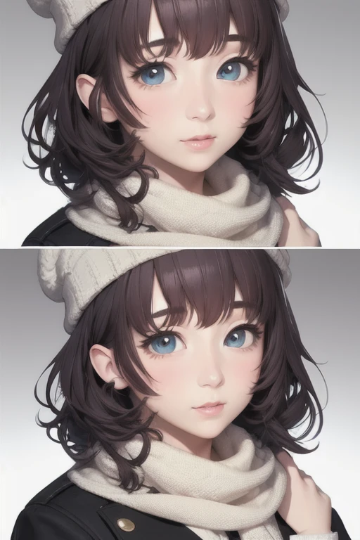 girl,Character design sheet,Beautiful attention to detail,Beautiful lip detail,Very detailed目と顔,Long eyelashes,Realistic,photoRealistic:1.37,Very detailed,Professional,Vibrant colors,Portraiture,Studio Lighting,Physically Based Rendering,High resolution,超High resolution. blue eyes,Big eyes， Close ~ eyes，Long Hair，Curly hair、Black Hair，Red cheeks，Lower eyes，Knitted hat，Scarf，coat