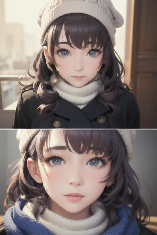 girl,Character design sheet,Beautiful attention to detail,Beautiful lip detail,Very detailed目と顔,Long eyelashes,Realistic,photoRealistic:1.37,Very detailed,Professional,Vibrant colors,Portraiture,Studio Lighting,Physically Based Rendering,High resolution,超High resolution. blue eyes,Big eyes， Close ~ eyes，Long Hair，Curly hair、Black Hair，Red cheeks，Lower eyes，Knitted hat，Scarf，coat