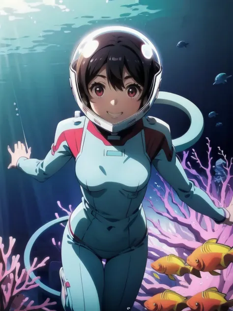 black hair, red eyes, eva helm, bubble helmet, space helmet tongue out, drooling,1girl, short hair, solo, looking at viewer, rea...