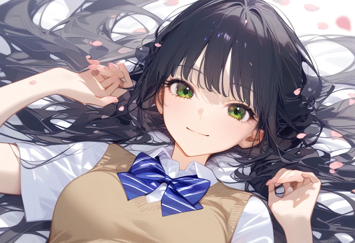 newest, masterpiece, best quality, 1girl, solo, green eyes, long hair, shirt, black hair, twintails, on back, bow, lying, petals, short sleeves, looking at viewer, white shirt, bangs, sweater vest, collared shirt, bowtie, smile, striped bow, striped, upper body, blue bow, closed mouth, striped bowtie, white background, hands up, blue bowtie, very long hair