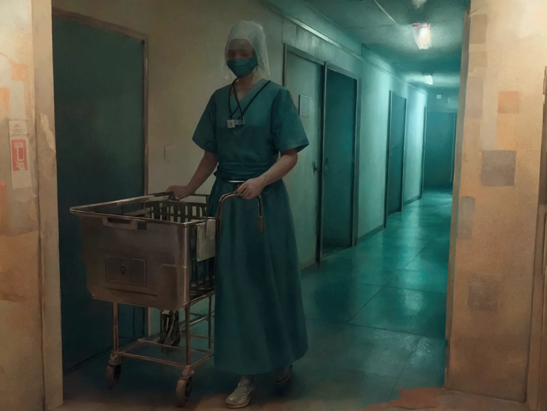 Create an image of a ghost in a hospital corridor, styled like a scene from a horror movie. The ghost should have an eerie, ethe...