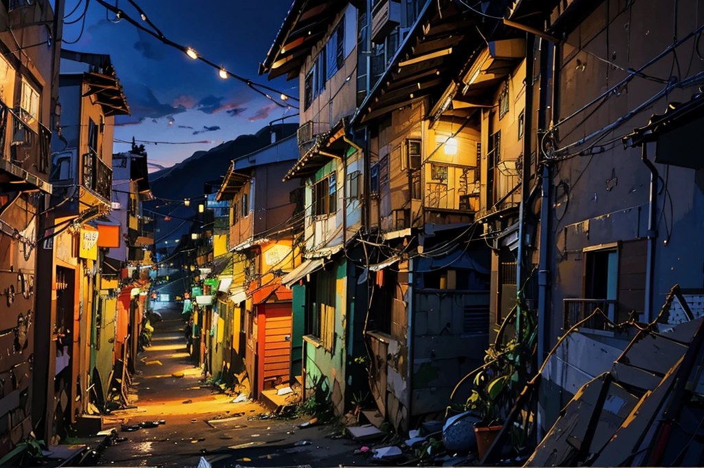 Expressive digital painting; Favela ; improvisational architecture ; tangled wire; Geographic Depth; Exposed Brick, Houses everywhere々It&#39;s full of.,Cyber City、Neon Light、night景、night、nightの都市