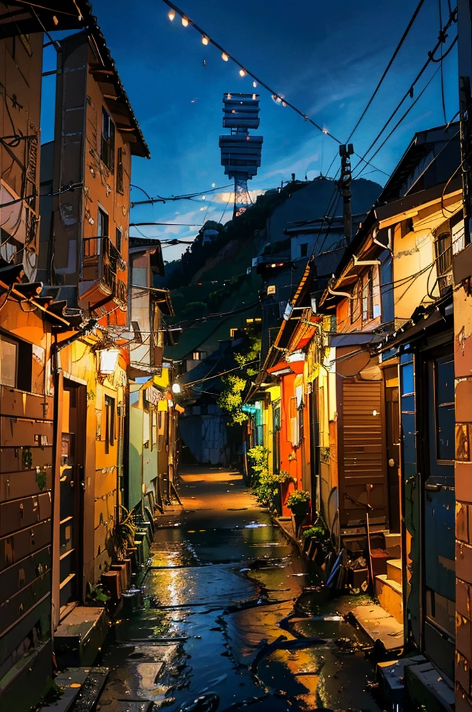 Expressive digital painting; Favela ; improvisational architecture ; tangled wire; Geographic Depth; Exposed Brick, Houses everywhere々It&#39;s full of.,Cyber City、Neon Light、night景、night、nightの都市、festival、festival