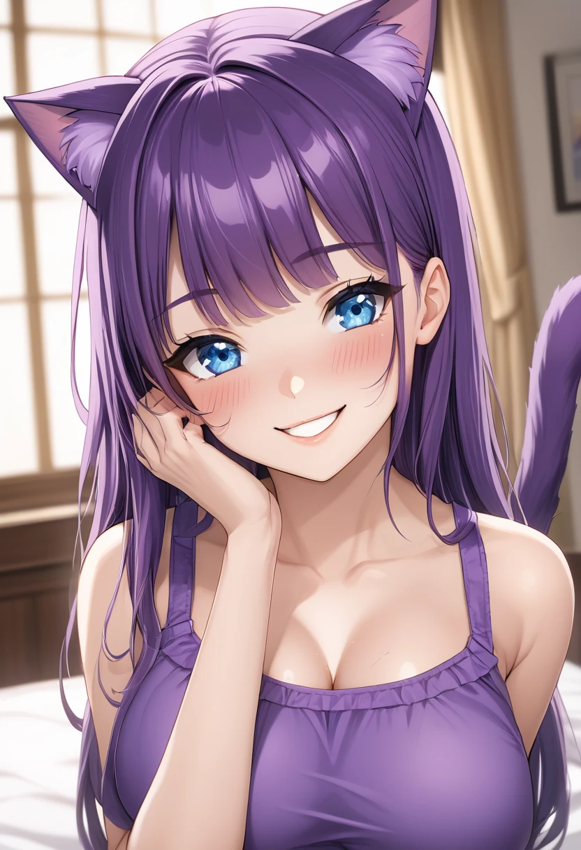 1girl, Blue eyes, Long Hair, Bangs, Purple Hair, Breasts, Smile, Blush, Light Smile, cat ears, purple cat tail