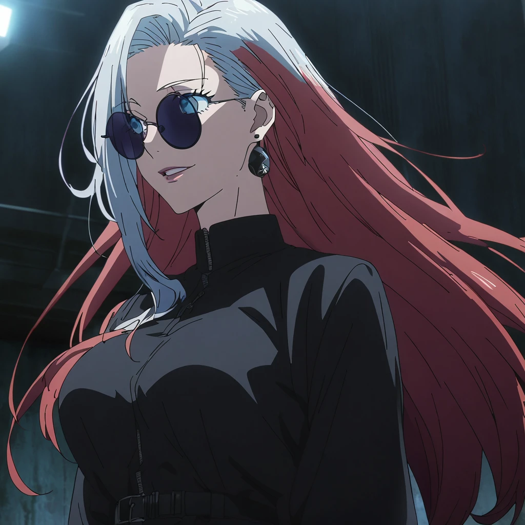 1girl, female gojo satoru, anime screencap from jujutsu kaisen, gojo satoru female version, solo, short_hair, ((Blue eyes, round sunglasses)) ((Silver_hair, hair over ear from one side))((slicked hair)) ((red colour hair strands)), night view, (hanging breasts) upper_body, smile, indoors, parted lips, (long hair) ((wearing black colour outfit, glossy)) breast, "very detailed and high resolution" (Blue eyes, round sunglasses) ((solo)) (((front view))) (earings) ((high resolution)) ((good quality)) ((silky hair, hair over ear from one side))((hair slicked)) ((red colour hair strands)) ((parted lips)) ((full body))