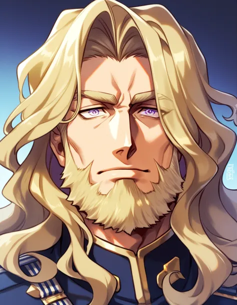 male, late 30s, blond, shoulder-length, middle-part wavy hair, light-purple, deep-set, Sanpaku eyes, slightly thick blond beard,...