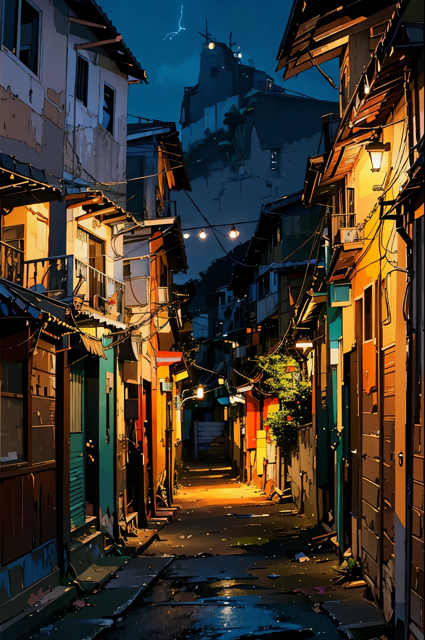 Expressive digital painting; shanty town ; improvisational architecture ; tangled wire; Geographic Depth; Exposed Brick, Houses everywhere々It&#39;s full of.,Cyber City、Neon Light、night scene、night、Night City