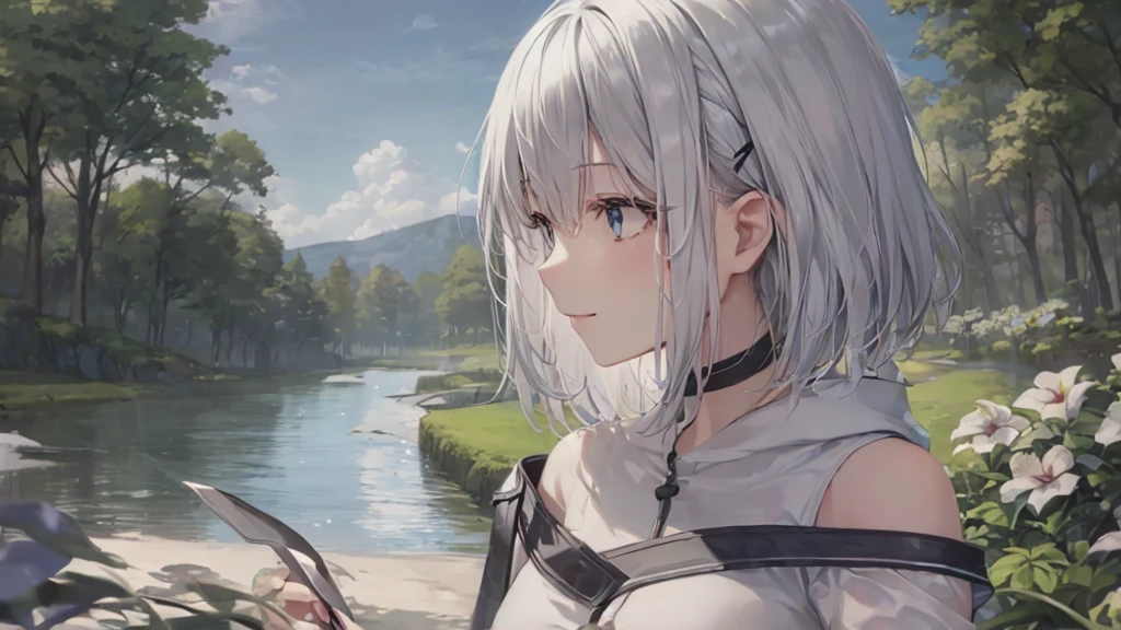 Ultra HD,Look at the viewers, Put your hands behind your back, With a girl, 20-year-old, 非常にShort Hair, Long bangs between the eyes, Pale blue eyes, Very detailed,(masterpiece、Highest quality),Gray Hair、Laughter、Fantastic, Silver Hair, Iris, Short hair、 Fluttering Hair、Small Face、明るいsmile、(Detailed face) ,Professional Lighting,Wonderful landscape,blue sky, sunlight,Looking down from above,Portraiture、Open your mouth、Flower Field、Her eyes were shining、Mysterious and enchanting atmosphere。With AI Painting、とてもShort Hair, Long bangs between the eyes, Very detailed,(masterpiece、Highest quality)、alone、Gray Hair、Fantasy, Silver Hair, Fantasyな風景、smile、Open your mouth、short hair、Short Hair、hairpin、black eye、Grey Eyes、Beautiful Eyes、Black Shirt、White hoodie