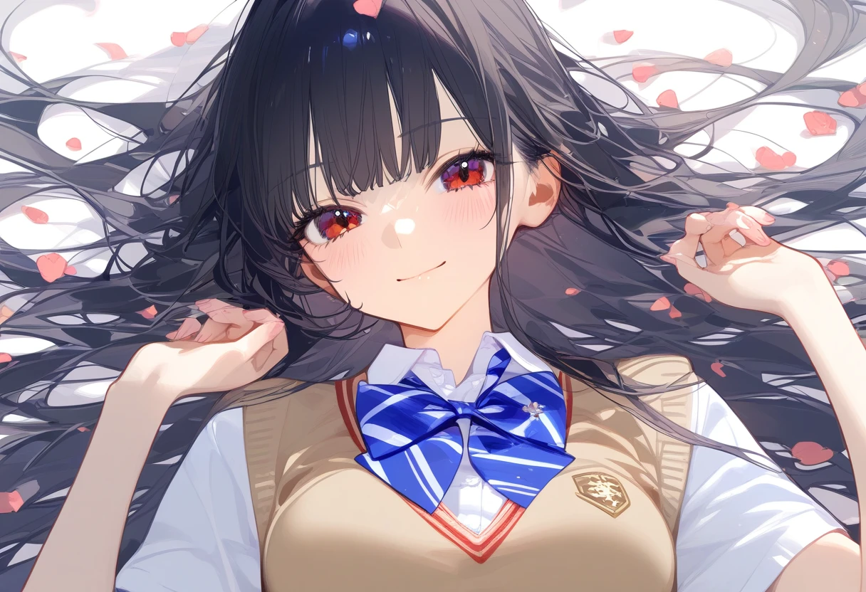 newest, masterpiece, best quality, 1girl, solo, red eyes, long hair, shirt, black hair, on back, bow, lying, petals, short sleeves, looking at viewer, white shirt, bangs, sweater vest, collared shirt, bowtie, smile, striped bow, striped, upper body, blue bow, closed mouth, striped bowtie, white background, hands up, blue bowtie, very long hair