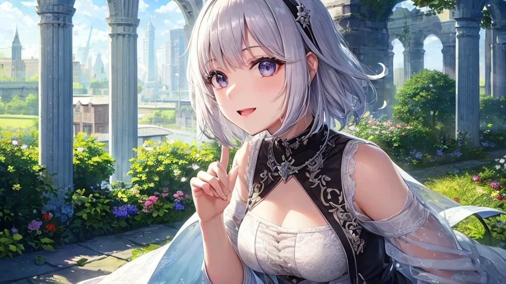 Ultra HD,Look at the viewers, Put your hands behind your back, With a girl, 20-year-old, 非常にShort Hair, Long bangs between the eyes, Pale blue eyes, Very detailed,(masterpiece、Highest quality),Gray Hair、Laughter、Fantastic, Silver Hair, Iris, Short hair、 Fluttering Hair、Small Face、明るいsmile、(Detailed face) ,Professional Lighting,Wonderful landscape,blue sky, sunlight,Looking down from above,Portraiture、Open your mouth、Flower Field、Her eyes were shining、Mysterious and enchanting atmosphere。With AI Painting、とてもShort Hair, Long bangs between the eyes, Very detailed,(masterpiece、Highest quality)、alone、Gray Hair、Fantasy, Silver Hair, Fantasyな風景、smile、Open your mouth、short hair、Short Hair、hairpin、black eye、Grey Eyes、Beautiful Eyes、Black Shirt、White hoodie