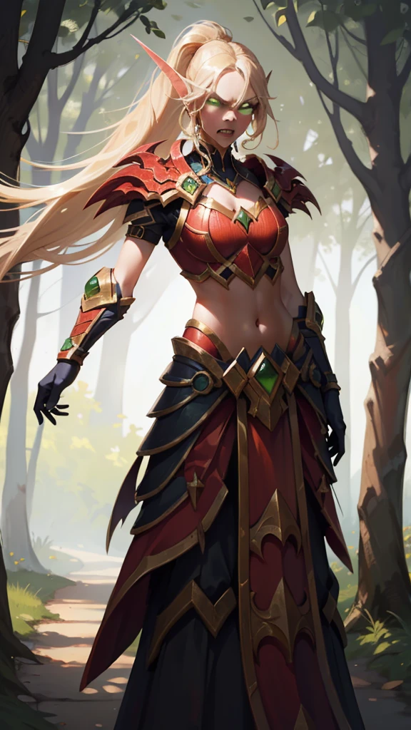 (1girl, absurdly long hair split ponytail, spiral eyes, angry ,clenched teeth) (digital) (standing), (Light Orange Forest background), (skirt)) , best quality, blonde hair, green eyes, glowing, armor, navel, bloodelf, 