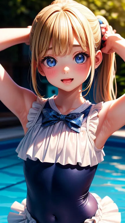 (perfect anatomy, balanced ratio, very cute illustration:1.1), poolside, open your mouth、blonde, blue eyes, wavy long hair, pony...