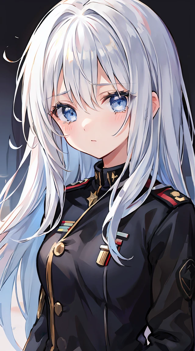 White Hair、Long, messy hair、Blue Eyes、Tears are about to overflow、A girl in a military uniform, mostly black with red accents